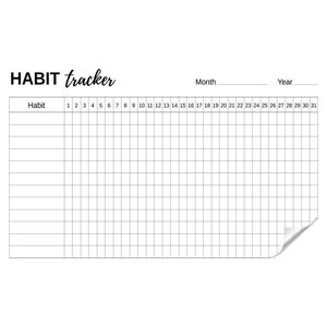 Può includere: Un tracker delle abitudini bianco con una griglia per tenere traccia delle abitudini quotidiane. Le parole "HABIT tracker" sono in alto, con spazi per "Mese" e "Anno". La griglia è etichettata con i numeri da 1 a 31 per i giorni del mese.
