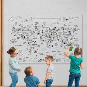 May include: Three children are coloring a large world map with animals on a white wall. The map includes continents, oceans, and animals. The children are using different colored markers to color the map.