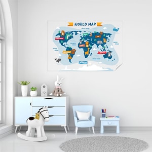 Carte du monde sur le thème des animaux de couleur transparente pour les enfants Carte de voyage réutilisable Le matériau en polystyrène durable maintient la surface avec de l'électricité statique
