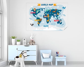 Transparent Color Animal Themed World Map For Kids Reusable Travel Map Durable Polystyrene Material Holds The Surface With Static Electricit