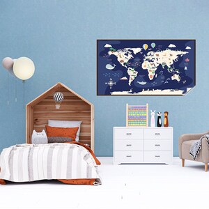 Carte du monde colorée sur le thème des animaux pour carte de voyage réutilisable pour enfants, matériau en polystyrène durable pour décoration d'intérieur