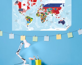 Colored World Map With Flags Reusable Travel Map, Home Decor Durable Polystyrene Material Holds The Surface With Static Electricity