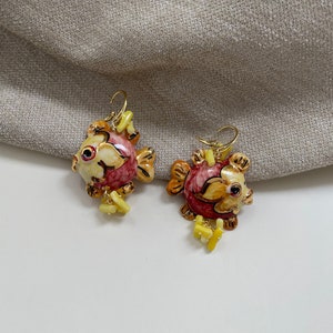 925 silver hook earrings, Caltagirone ceramic fish and yellow chips