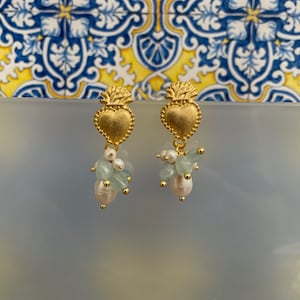 Heilige Herz-Ohrringe aus Zamak, Cluster-Ohrringe, Flussperlen, Aquamarin, Geschenk für Mädchen.