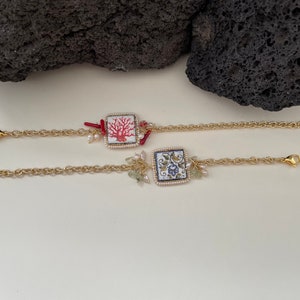 Tile Bracelet, Adjustable Bracelet, Hypoallergenic Aluminum Chain, Caltagirone Ceramic Square Tile