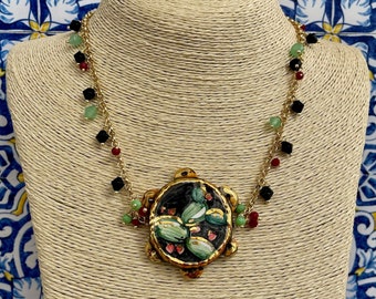 Caltagirone Ceramic Tambourine Choker Necklace - Sicilian Brass Necklace with Multicolor Crystals