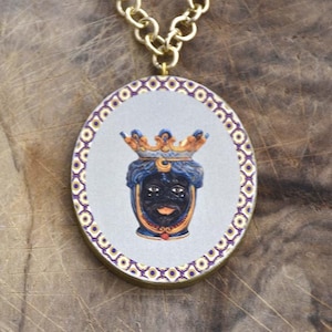 Sicilian necklace with oval pendant &quot;double-face&quot; Moor&#39;s heads, chain necklace, long necklace, decoupage necklace.