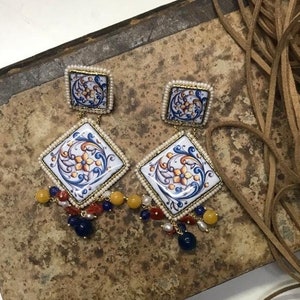 Sicilian earrings with Caltagirone ceramic tiles and clusters of semiprecious stones gift for her.