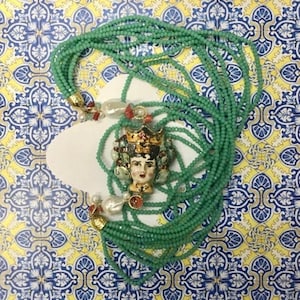 Crystal necklace, multi-strand necklace, light green necklace, Caltagirone ceramic Moor&#39;s head.