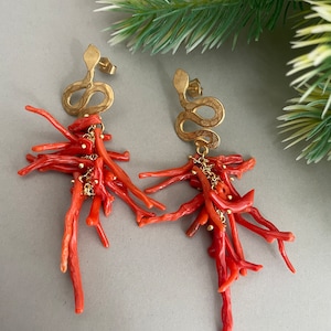 Authentic Mediterranean Coral earrings, cluster earrings, long drop earrings, Sicilian earrings, snake stud. image 4