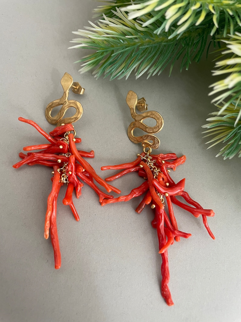 Authentic Mediterranean Coral earrings, cluster earrings, long drop earrings, Sicilian earrings, snake stud. image 4