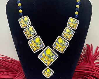 Sicilian necklace with blue and yellow pearls, lemon necklace, Caltagirone tile necklace, statement necklace, Sicilian majolica necklace.