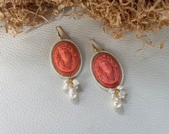 Boucles D'oreilles En Argent 925 Avec Perles Camées Roses Et Corail - Neuf Avec étiquettes - Dormeuses