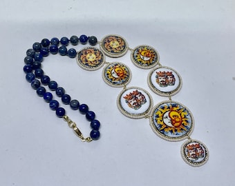 Caltagirone ceramic tile necklace, Sicilian necklace, lapis lazuli string necklace, blue necklace, majolica necklace.