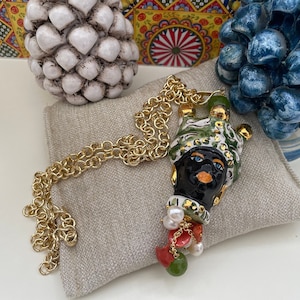Necklace with long pendant in Caltagirone ceramic, Moor&#39;s head, hypoallergenic chain.