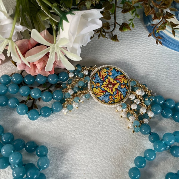 Collier trois rangs, Angélite, carreau de céramique de Caltagirone, bouquets de pierres naturelles, sautoir, collier bleu clair, maxi collier.!