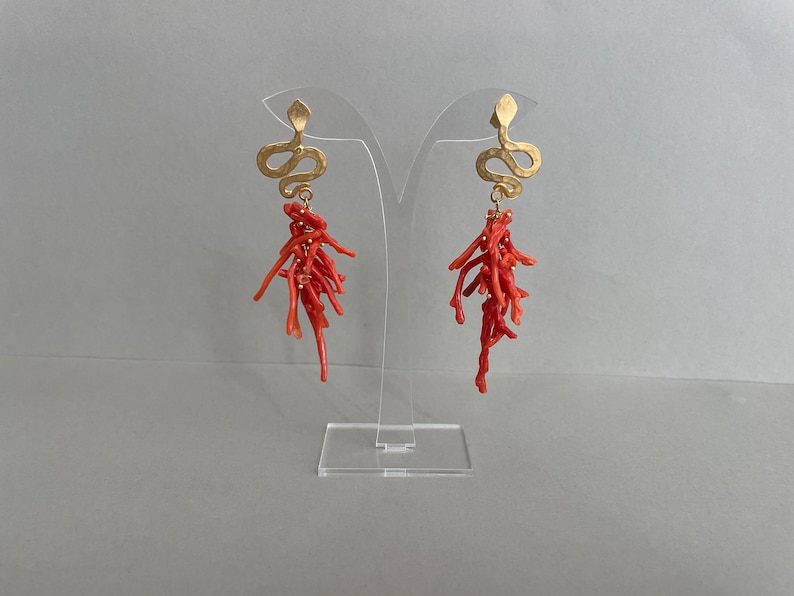 Authentic Mediterranean Coral earrings, cluster earrings, long drop earrings, Sicilian earrings, snake stud. image 2