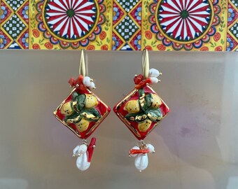 925 silver earrings with hand-painted Caltagirone ceramic relief tile, pearls and coral chips, gift for her.*