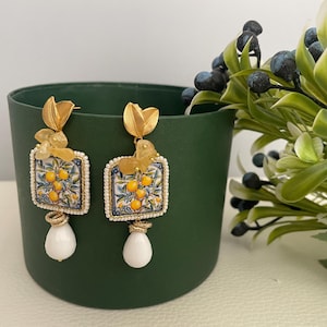 Dangle earrings, Sicilian earrings, Caltagirone ceramic tile, lemon earrings, gift for her.