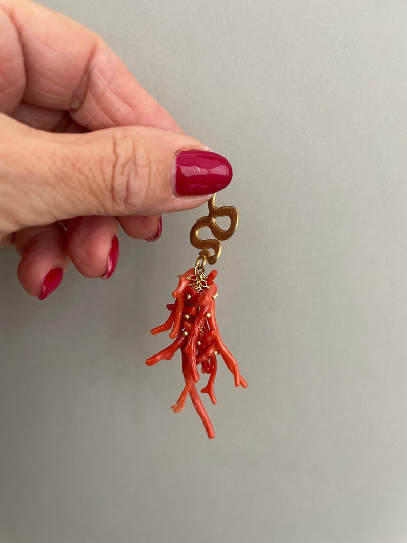 Authentic Mediterranean Coral earrings, cluster earrings, long drop earrings, Sicilian earrings, snake stud. image 8