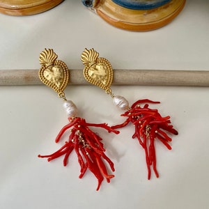 Sicilian earrings, sacred heart earrings, authentic coral cluster earrings, maxi earrings, baroque pearl and real coral branches