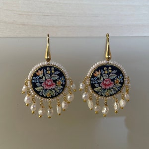 Caltagirone and river pearl earrings, Sicilian majolica tile, silver pendant earrings, Sicilian earrings, gift for her