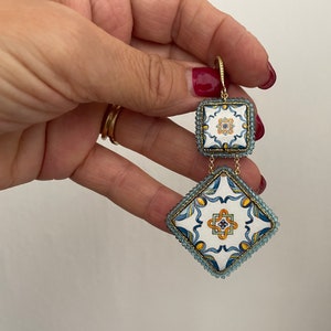 Caltagirone earrings, Sicilian earrings, Sicilian majolica earrings, pendant earrings, earrings with tiles, 925 silver