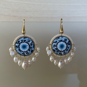 Caltagirone ceramic round tile earrings and river pearls, silver pendant earrings, Sicilian earrings, gift for her