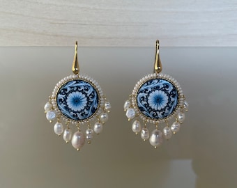 Caltagirone ceramic round tile earrings and river pearls, silver pendant earrings, Sicilian earrings, gift for her