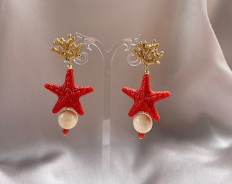 Large starfish earrings, bone pearl earrings, resin bone and orange star earrings, summer earrings, gift for her.