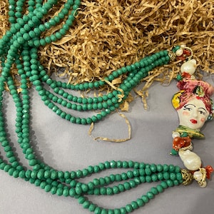 Crystal necklace, multi-strand necklace, Veronese green necklace, Caltagirone ceramic Moor&#39;s head.