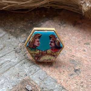Anello maxi struttura ottone, anello siciliano, anello regolabile,  anello ceramica, anello mattonella esagonale, ceramica di Caltagirone.
