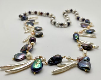 White and gray baroque pearl necklace, natural pearls, long necklace. Gift for her.