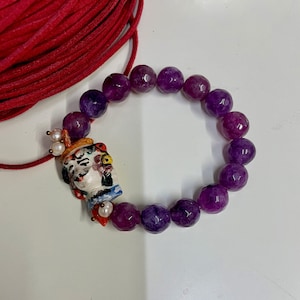 Sikelia bracelet, Elastic bracelet, purple agate beads, Caltagirone ceramic Moor&#39;s heads. Girl&#39;s gift.