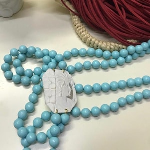 Sicilian necklace with two strands of turquoise pearls and sardonyx shell cameo. gift for her.