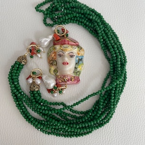 Sicilian necklace with crystals, multi-strand necklace, green necklace, large Caltagirone ceramic pendant, hand-painted Moor&#39;s Head.