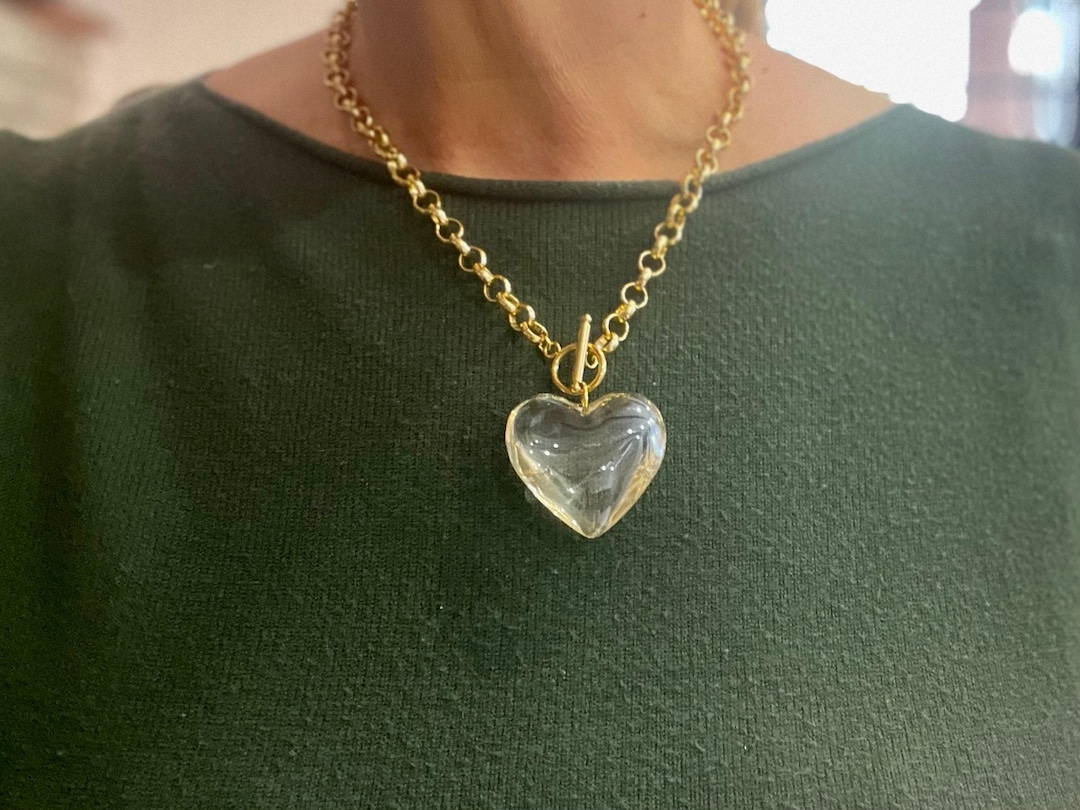Collana con grande ciondolo a Cuore di cristallo, catena rolò, girocollo con cuore oversize, regalo fidanzata, regalo di San Valentino. - Italia