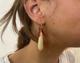 White drop earrings, bone paste drop pearl, 925 silver earrings, starfish earrings, earrings with coral branches(