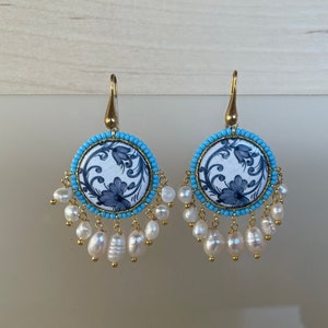 Pendant earrings, Sicilian earrings, earrings with round Caltagirone ceramic tile and river pearls, gift for her