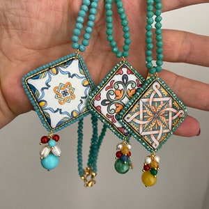 Caltagirone tile necklace, Sicilian majolica necklace, crystal necklace, Caltagirone jewelry, unisex gift idea.