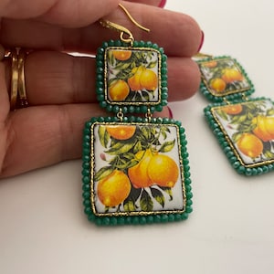 Sicilian earrings, Caltagirone earrings, lemon earrings, Sicilian majolica, pendant earrings, yellow and green earrings