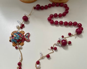 Sicilian Fish Necklace in Caltagirone Ceramic and Red Agate - Long Mediterranean Handcrafted Necklace