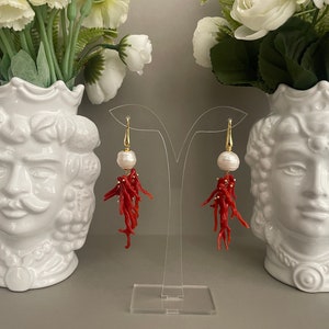 925 silver earrings, cluster of authentic Mediterranean coral branches, baroque pearl, Sicilian earrings, gift for her.