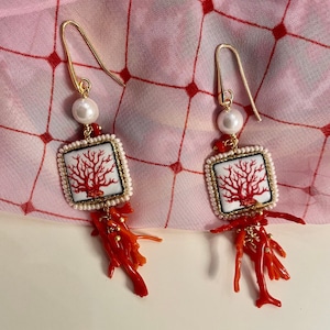 Sicilian earrings with Caltagirone ceramic tile, 925 silver hook, pearl and authentic Mediterranean coral branches