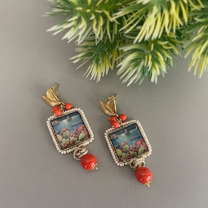 Pendant earrings, Caltagirone ceramic tile, Sicilian landscape, coral