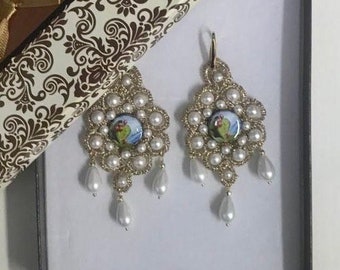 Sicilian earrings, golden tatting base, Caltagirone ceramic tile, white Majorca pearls, 925 silver, gift for her #