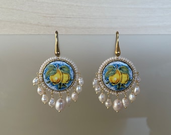 Silver earrings, with round Caltagirone ceramic tile, lemons and freshwater pearls *