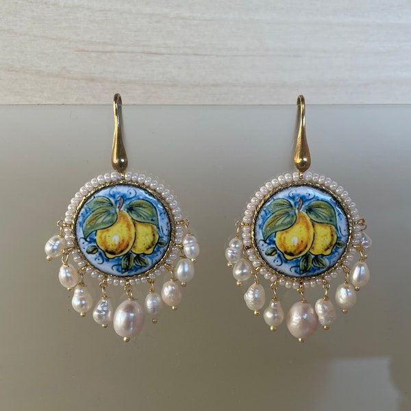 Silver earrings, with round Caltagirone ceramic tile, lemons and freshwater pearls *