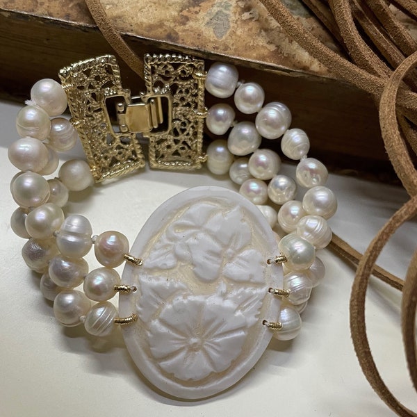 Cameo bracelet, three strands of natural pearls, filigree clasp, authentic shell cameo, bridal bracelet, gift for her.