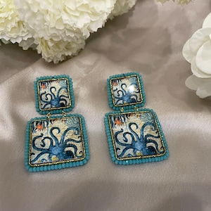 Tegeloorbellen, Caltagirone keramische oorbellen, Siciliaanse oorbellen, dubbele tegel, Octopusoorbellen, turquoise oorbellen